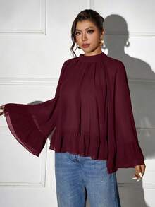 Femmeverse Plus Size Women Layered Ruffle Trim Long Sleeve Casual Top, Elegant Style For Holiday Fall - Burgundy - View 3