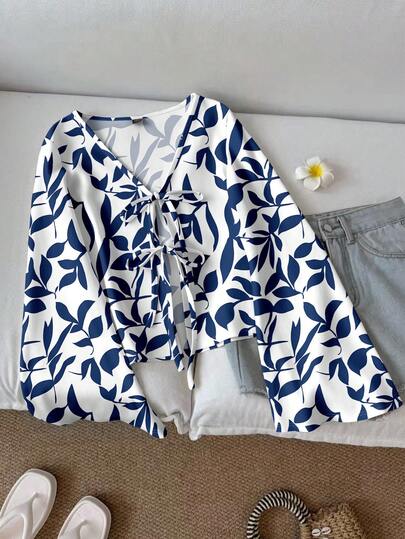 SHEIN LUNE 女士休闲印花抽绳喇叭袖上衣，适合秋冬季穿着