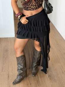 Coolane Falda larga asimétrica con volantes y flecos, de tela de malla transpirable, de estilo boho, Y2K, country, para conciertos y vacaciones, para mujer de talla grande - Negro - Ver 3