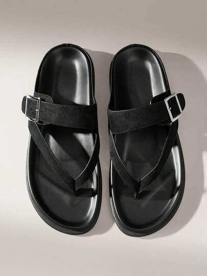 Solecia Women Shoes Adjustable Metal Buckle Design Pinch Feet Flat Bottom Flat Heel Casual Simple Versatile Frosted Suede Black  Flip-Flops Home Wear Outside Office Daily Travel Shopping Seaside Vacation