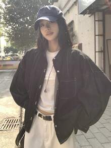 FRIFUL 女士落肩长袖单排扣休闲牛仔外套 - 黑色 - 查看 6