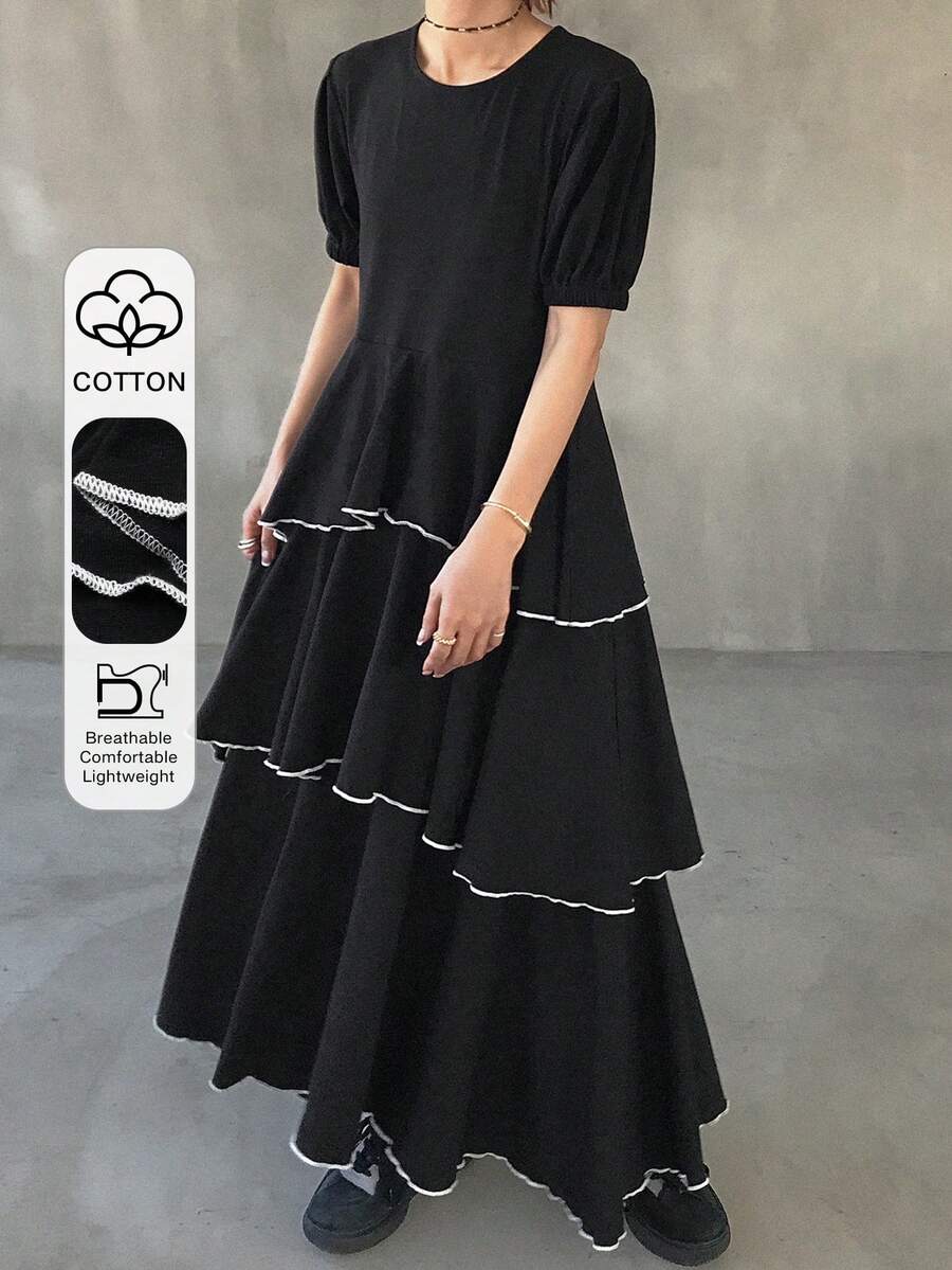 FRIFUL Women's Round Neck Petal Sleeve Layered Cake Hem Decorated A-Line Long Dress Sundress - Black - View 1