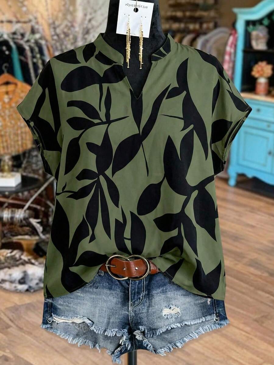 Linhara CURVE Plus Size Contrast Color Leaf Print Notched Neck Short Sleeve Shirt - Dark Green - View 1