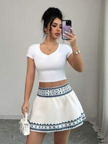 SHEIN Elenzya Elegant Print A-Line Skirt For Women - White - View 1