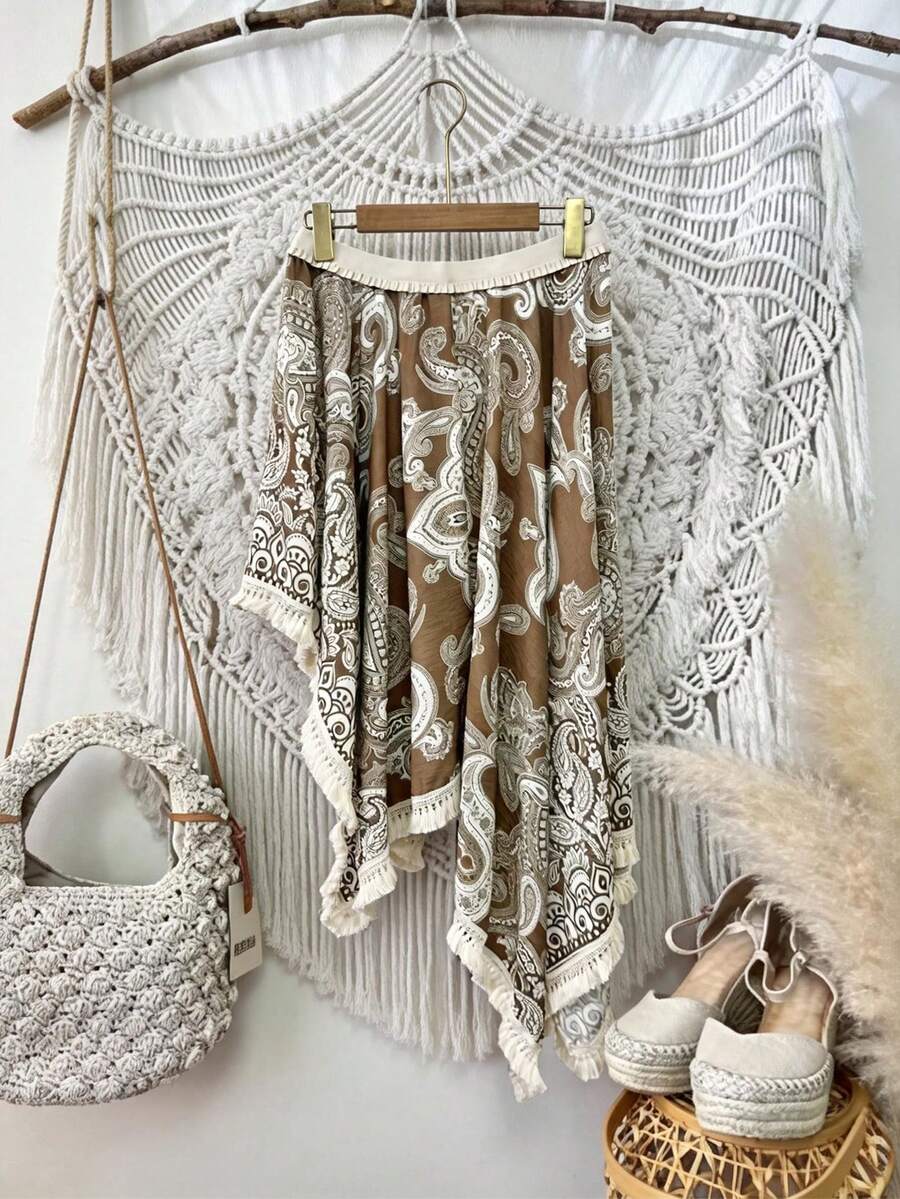 SHEIN Holidaya Women's Asymmetrical Hem Tassel Allover Print Casual Versatile Date Night Skirt - Brown - View 1