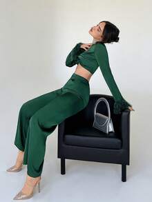 Aloruh girante delantero de peluche puño Top crop & Pantalones de pierna ancha - Verde Oscuro - Ver 6