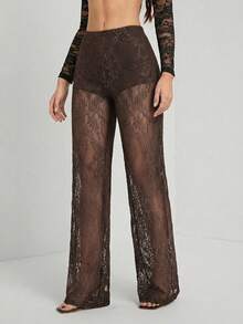 SHEIN Tall Women's Solid Color Lace Sheer Long Pants - Brown - View 6