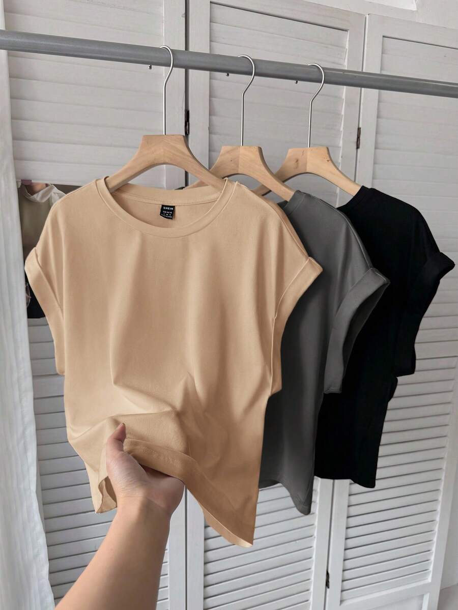 SHEIN LUNE 3件套女士休闲纯色基础款短袖T恤套装，纯色上衣，简约短袖上衣，基础款上衣，舒适上衣，女士休闲套装，女装，纯色T恤，女士短袖上衣，夏季上衣，女士基础款上衣，基础款女装 - 彩色 - 查看 1