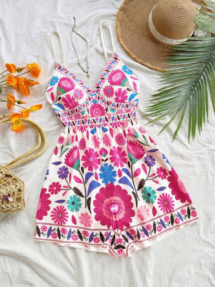 Soleia 女士彩色热带印花连体裤，细肩带设计，金属装饰，适合早午餐、夏季、母亲节、毕业典礼、教堂、海滩、音乐节、机场、下午茶、秋冬季等场合穿着。 - 玫紅色 - 查看 1