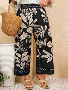EMERY ROSE Plus Size Women Floral Print Casual Pants With Pockets, Suitable For Summer & Autumn Outfits Clothes Spring Dress Outfit Clothing Beach Vacation - Multicolor - View 6