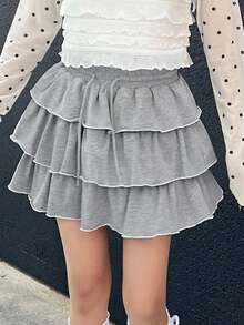 FRIFUL Váy xếp tầng nhiều lớp có dây rút eo dành cho nữ - Xám - Xem 5