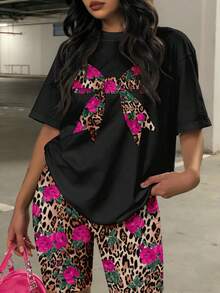Slaydiva Casual Loose Rose Leopard Print Bow Graphic Round Neck Short Sleeve T-Shirt And Shorts Set, Suitable For Summer Music Festivals, Plus Size - Multicolor - View 2