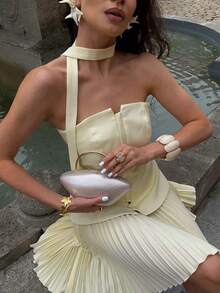 Conjunto de top tubo y falda en color amarillo crema, para primavera/verano - Amarillo claro - Ver 7