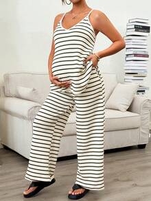 SHEIN Maternity Striped Camisole And Adjustable Waist Wide Leg Pants Casual 2 Pieces Set - Black and White - View 6