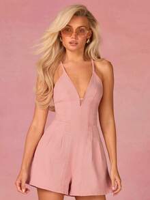 Athîral Denim Women's Casual Dusty Pink Denim Jumpsuit,Sleeveless Off Shoulder Deep V-Shaped Cross Tie Backless Outfit,Summer Vacation,Date,Street,Holiday Wear - Dusty Pink - View 5