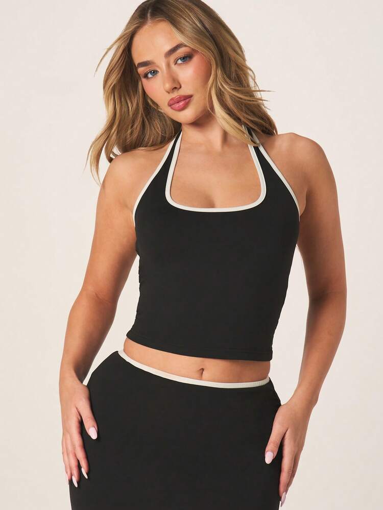 MISSGUIDED Damen Zweiteiler mit Trägerhalsausschnitt Crop Top und hochgeschnittener Maxi Rock Set mit weißem Kontrastbesatz