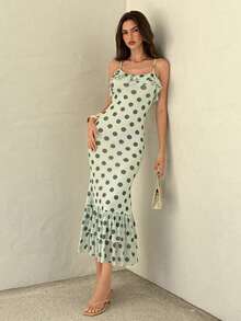 Aloruh Women's Elegant Mint Green Slip Dress,Ruffled Hem Vintage Tea Party Dress,Polka Dot Cami Midi Sundress,Holidays Vacation Outfits For Summer,Prom - Multicolor - View 9
