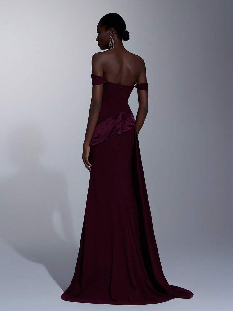 Elitara Elegantes, luxuriöses Meerjungfrauenkleid mit bauschigen Ärmeln, Strasssteinen und Satinraffung, verziert mit Kunstperlen, elastischem Strick und Paillettenbesatz. Geeignet für Hochzeiten, Partys, Urlaube, Bälle und formelle Anlässe, Off-Shoulder - Violett - Übersicht 3