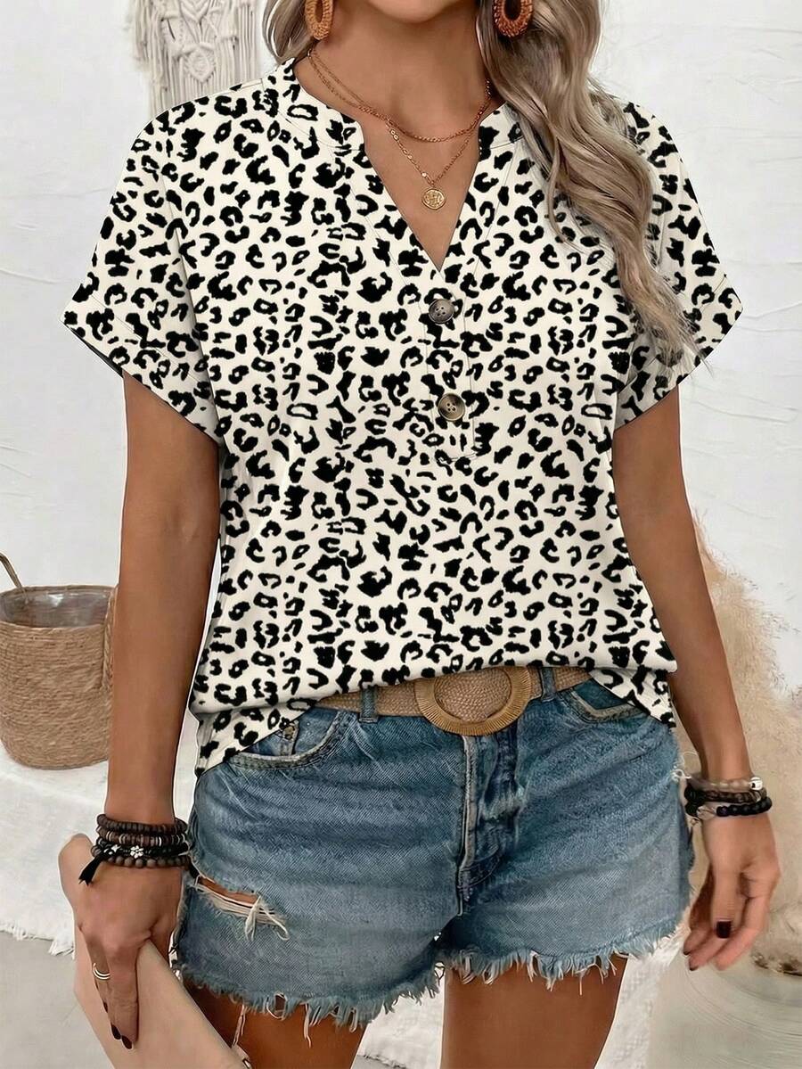 EMERY ROSE Plus Size Women's Fashion Leopard Print V-Neck Short Sleeve T-Shirt - Multicolor - View 1