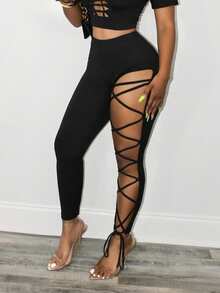 Mistrie 女士时尚性感交叉绑带紧身裤 - 黑色 - 查看 3