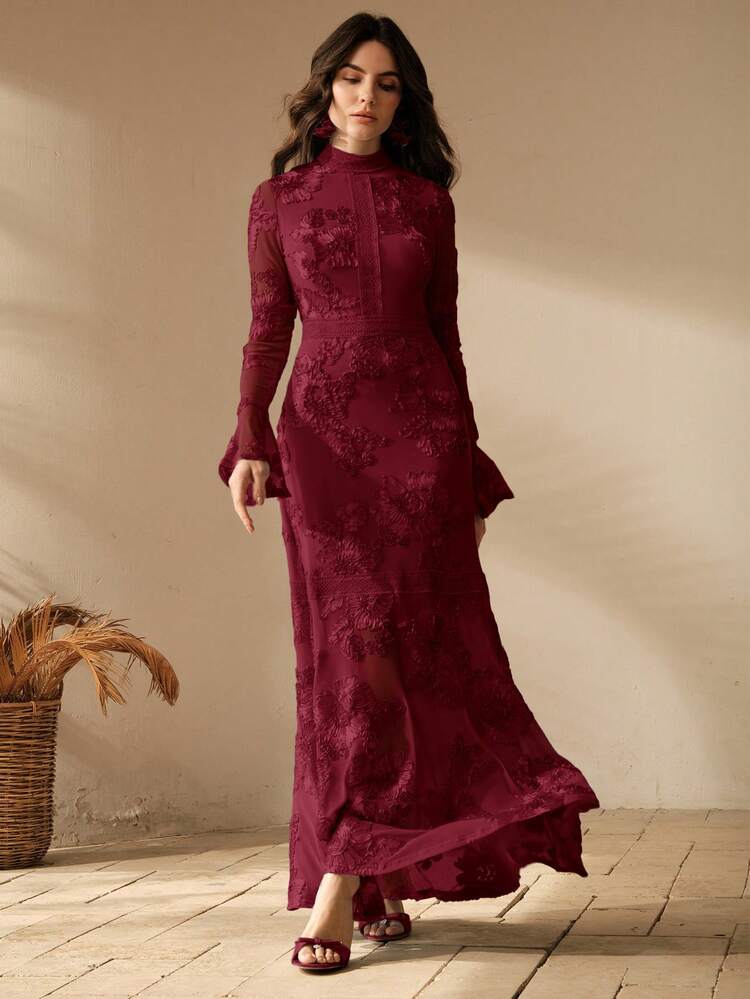 Textured Floral Embroidered Romantic Elegant Party & Casual Long Sleeve Dress For Women