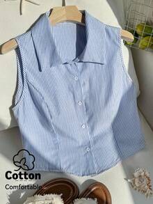 SHEIN EZwear 大码女式条纹单排扣休闲百搭日常衬衫 - 藍色 - 查看 1