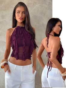 Aloruh 新款性感露背系带露脐上衣，紫色优雅多层荷叶边装饰吊带露背背心，春夏款 - 紫色 - 查看 2