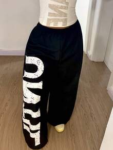 StreetHx 女士宽松阔腿裤，松紧腰带，大字母印花 - 黑色 - 查看 5