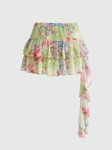 Sweetness Women's Fairycore Vacation Sweet Ultra-Low Waist Floral Print Ruffle Hem Skirt - Green - View 8