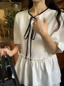 FRIFUL Women's Round Neck Loose Collar Color Block Bow Patchwork Ruffle Hem Blouse Summer - White - View 3