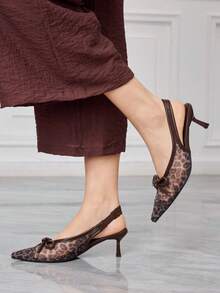 Sleekvia 女士尖头细高跟猫跟后跟带镂空透气蝴蝶结网眼通勤工作鞋 女士高跟鞋 - 棕色豹紋 - 查看 2