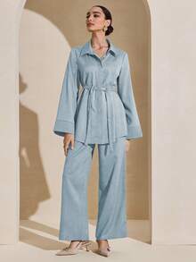 Graceveil 一套女士纯色衬衫领金属装饰腰带，宽松休闲优雅两件套 - 霧霾藍 - 查看 1