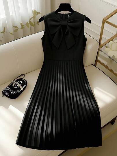 Franclia 女士优雅黑色无袖蝴蝶结领修身中长褶皱连衣裙，显瘦，适合工作、派对和正式场合，高品质