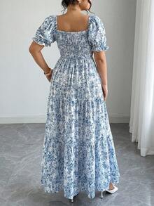 SHEIN PETITE CURVE 大码印花荷叶边下摆方领短袖连衣裙，适合娇小身材的女装，包括夏季连衣裙、小码服装和曲线款。 - 藍色 - 查看 2