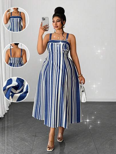 Maweii Elegant & Fashionable Spaghetti Strap Bandeau Striped Fitted Slim Minimalist Daily Wear Niche Design Must-Have Vacation Dress For Plus Size Women, Spring/Summer
