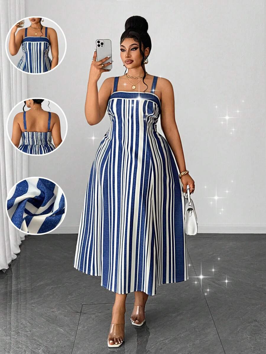 Maweii 优雅时尚的细肩带抹胸条纹修身简约日常穿搭小众设计必备度假连衣裙，适合大码女性，春夏款 - 藍白色 - 查看 1