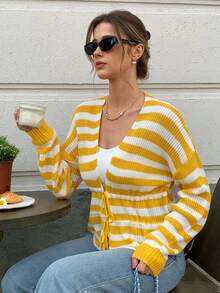 Elyressa Striped Pattern Drop Shoulder Drawstring Waist Cardigan - Yellow - View 4
