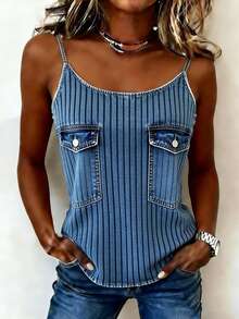 EMERY ROSE Women's Casual Fashionable Street Chic Daily Commute Striped Print Flap Pocket Camisole Vest, Summer - Blue - View 4
