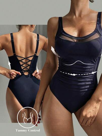 Shapewave Black Hollow-Out One-Piece Swimsuit, Sexy & Slimming, Suitable For Beach & Pool Summer