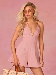 Athîral Denim Women's Casual Dusty Pink Denim Jumpsuit,Sleeveless Off Shoulder Deep V-Shaped Cross Tie Backless Outfit,Summer Vacation,Date,Street,Holiday Wear - Dusty Pink - View 3