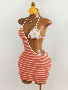 Mistrie Women's Floral Embroidery Striped Hollow Out Sexy Halter Neck Dress  Summer  , Summer Dress , Summer Dresses For Women , Summer Dresses  , Summer Outfits  , Summer Clothes  , Summer Outfits For Women , Summer Holiday Outfit , Summer Outfit For Women ,  Orange Beach Dress Bikini Skirt Set Bathing Suit Dress Dress Swimsuit Women Bikini Dress Skirt Swimsuit Set Knitted Bathing Suit Orange 2 Piece Set 2piece Summer Sets Halter Top Two Piece Set Orange Two Piece Set 2 Piece Summer Sets - Multicolor - View 3