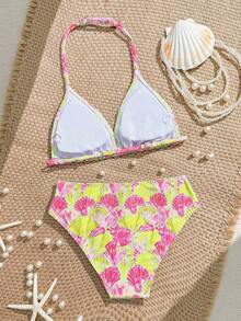 SHEIN 少女比基尼套装，黄粉贝壳印花，针织面料，两件式泳衣，时尚休闲优雅，适合游泳、度假和夏季穿着。 - 彩色 - 查看 2