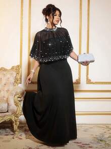 Cravure 大码女式优雅针织网纱随机珍珠水钻装饰修身长裙配披肩，两件套 - 黑色 - 查看 3