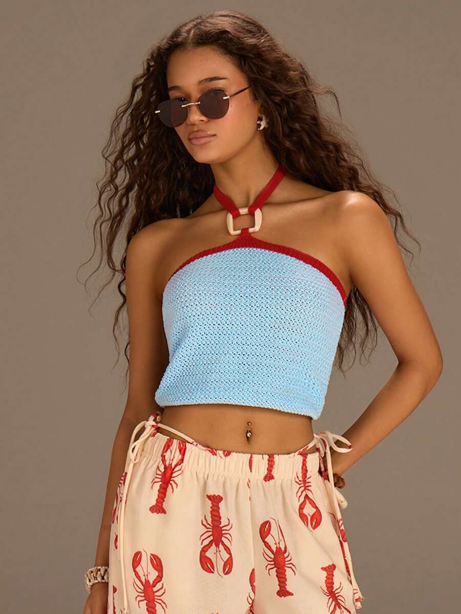 Athîral Dam Casual Stickad Ärmlös Patchwork Väst, Blå & Röd, Vår/Sommar - Blå - Visa 1