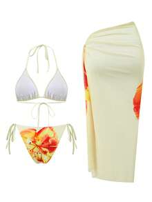 Swim Oasis 3件套女士夏季沙滩度假休闲套装，印花泳衣，丁字裤，网纱系带沙滩裙，波西米亚风 - 彩色 - 查看 2