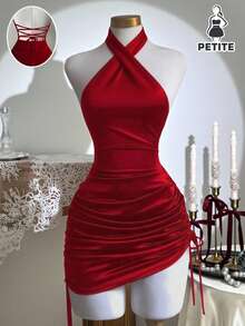 Franclia Petite Đầm mini ôm sát không tay bằng nhung, kiểu dáng xếp ly chéo, dành cho nữ, phù hợp với người nhỏ nhắn. - Đỏ - Xem 1