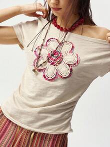 Bohemela Áo thun nữ dệt kim tay ngắn, vai lệch, kiểu dáng thường ngày. - Màu be - Xem 4