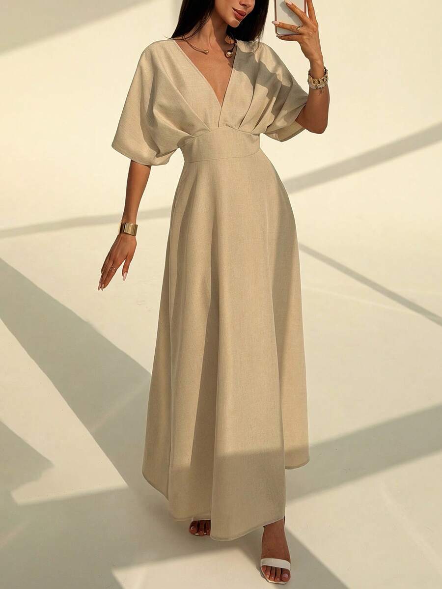 Aloruh 女士深V领褶皱腰部A字连衣裙