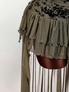 Amplova 女士花卉印花镂空流苏下摆性感吊带连衣裙 - 軍綠色 - 查看 8