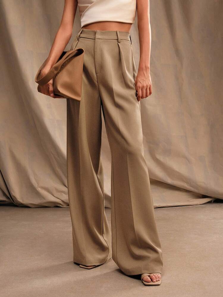 Elegant Fashion Design Pleated Pocket Solid Color Straight Leg Pants, Petite